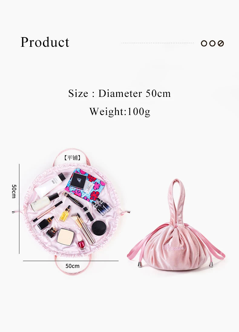 Cosmetic Bag Fashion Round Velvet Makeup Bag Drawstring Travel Make Up Organizer Female Storage Toiletry Kit Case Beauty Pouch