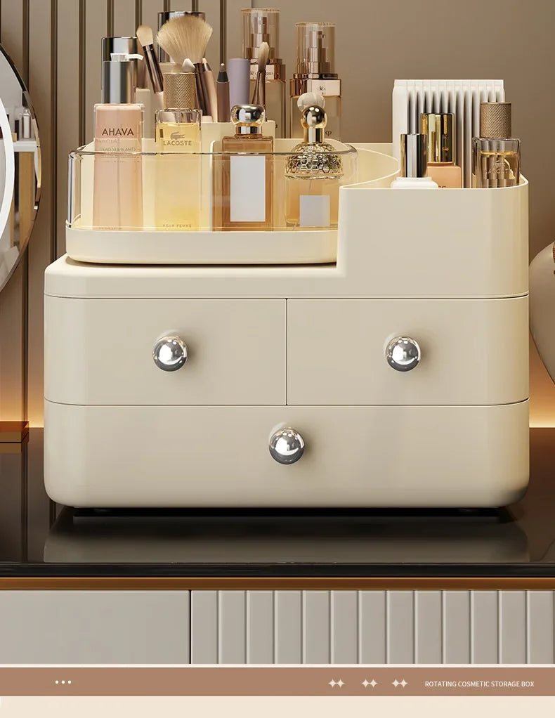 Desktop Cosmetics Storage Box Drawer Style Compartmentalized Organizer Dustproof Cosmetic Storage Box with 360°Rotating Organize