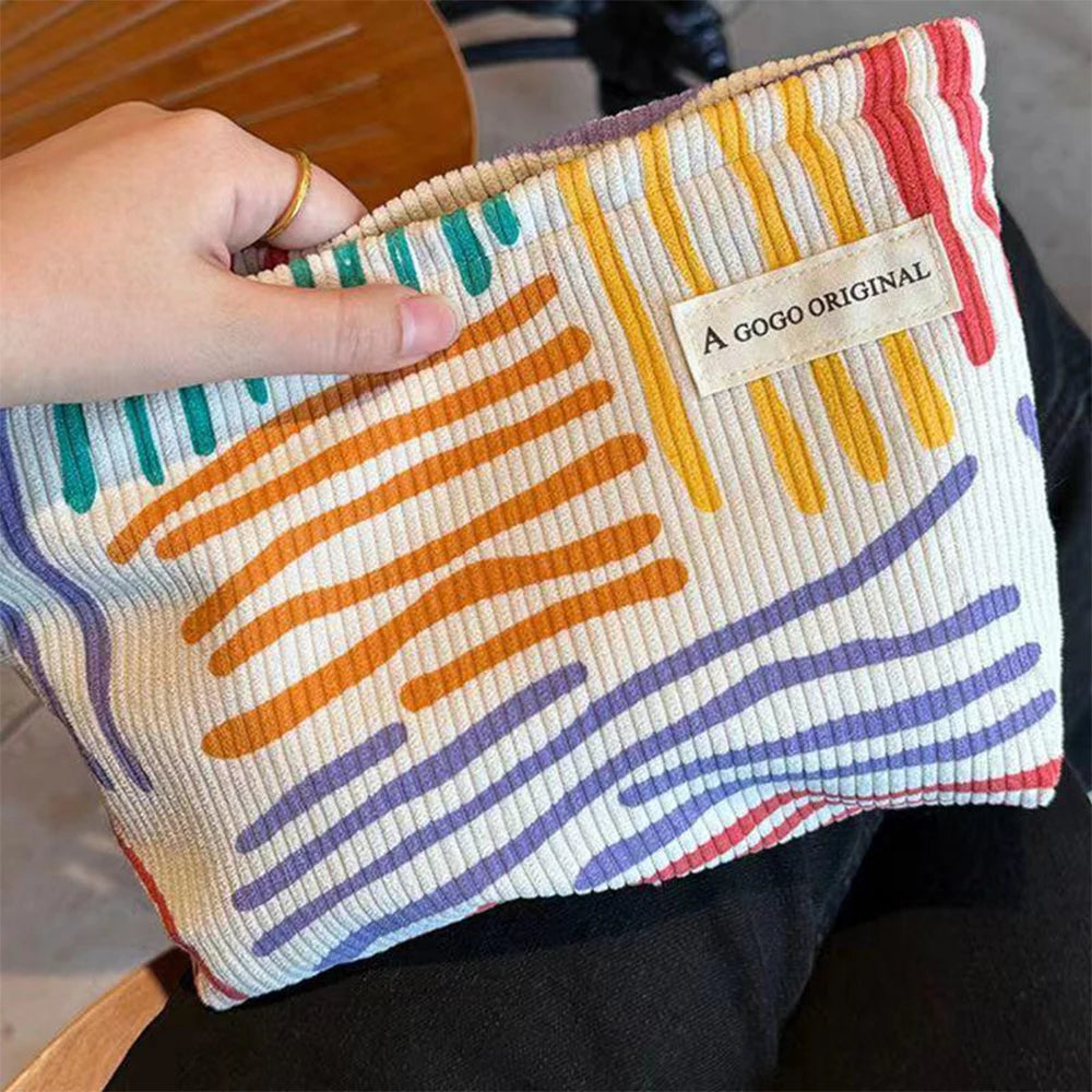 Colorful Stripes Corduroy Cosmetic Bag Portable Travel Toiletry Bag Skincare Sundries Aesthetic Makeup Storage Bag,A-DH