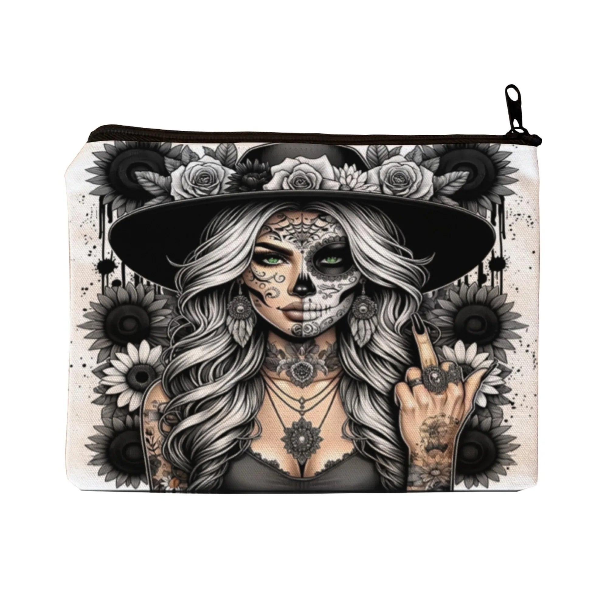 Cool skull half face pattern Cosmetic Bag Makeup OrganizerTravel Toiletry Tote Womens Cosmetic Pouch Halloween gifts for girls