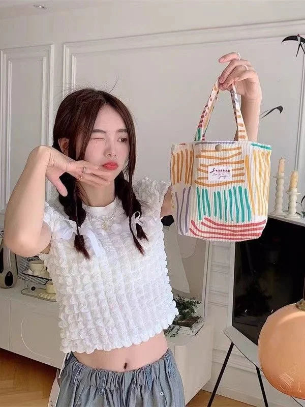 Colorful Stripes Corduroy Cosmetic Bag Portable Travel Toiletry Bag Skincare Sundries Aesthetic Makeup Storage Bag,A-DH