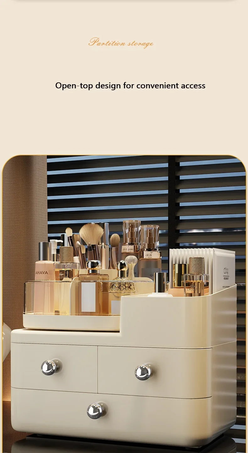 Desktop Cosmetics Storage Box Drawer Style Compartmentalized Organizer Dustproof Cosmetic Storage Box with 360°Rotating Organize