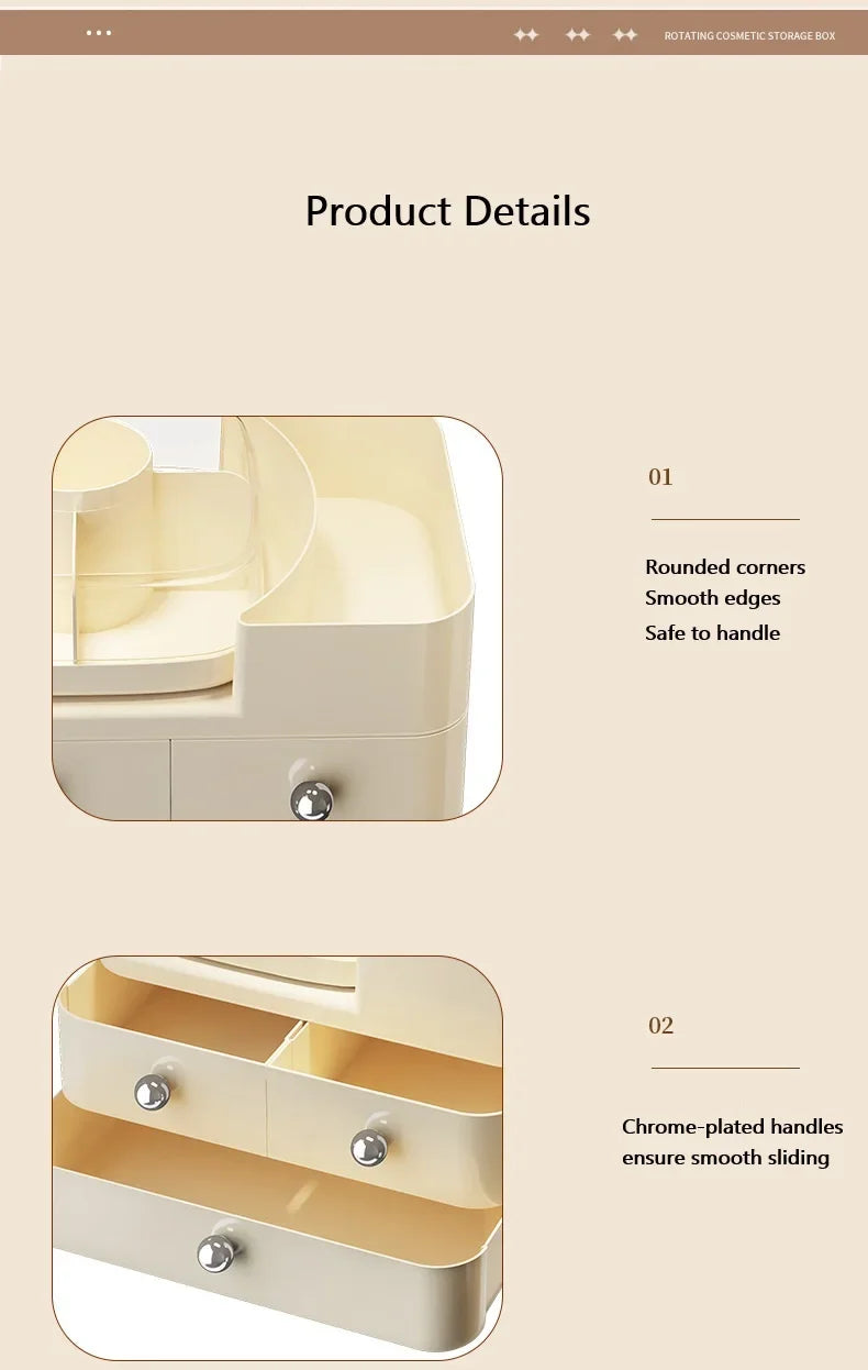 Desktop Cosmetics Storage Box Drawer Style Compartmentalized Organizer Dustproof Cosmetic Storage Box with 360°Rotating Organize