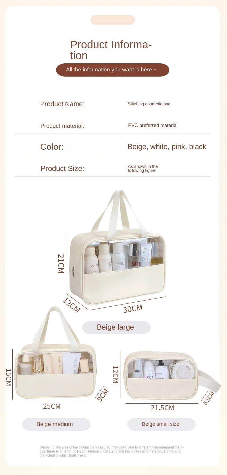 Waterproof Cosmetic Bag Portable Portable Cosmetic Storage Bag Large Capacity Pu Transparent Wash Bag Travel Storage Bag