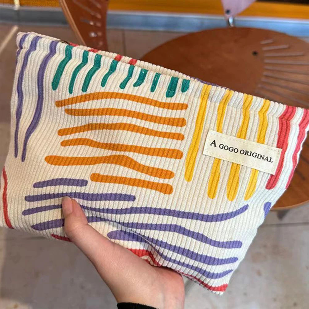 Colorful Stripes Corduroy Cosmetic Bag Portable Travel Toiletry Bag Skincare Sundries Aesthetic Makeup Storage Bag,A-DH